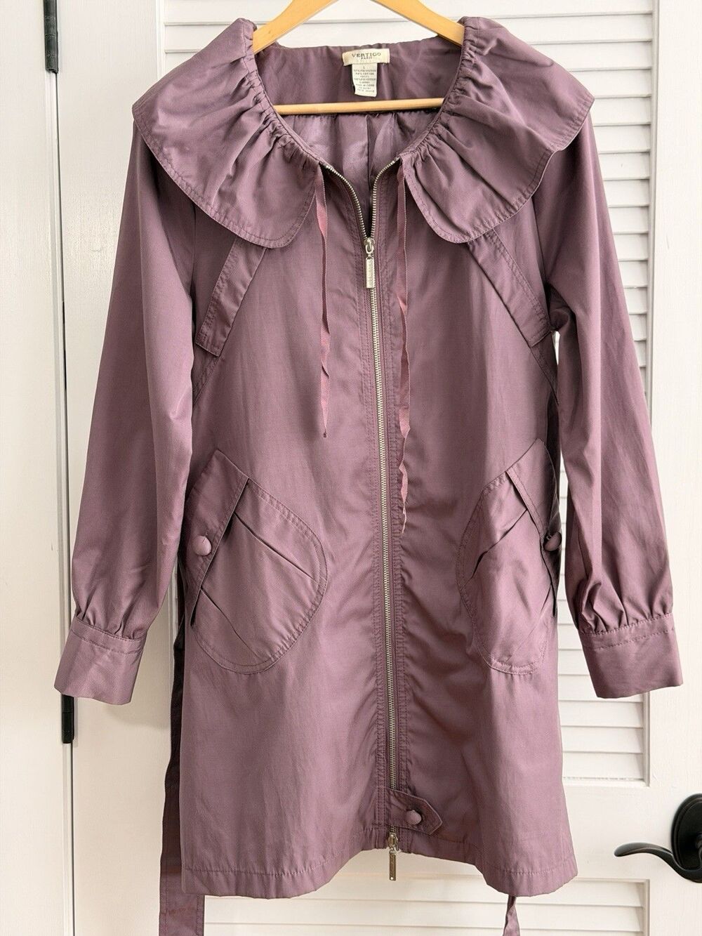 Vertigo Paris Women’s L Mauve Trench Coat Ruffle Collar Belted Zip Front